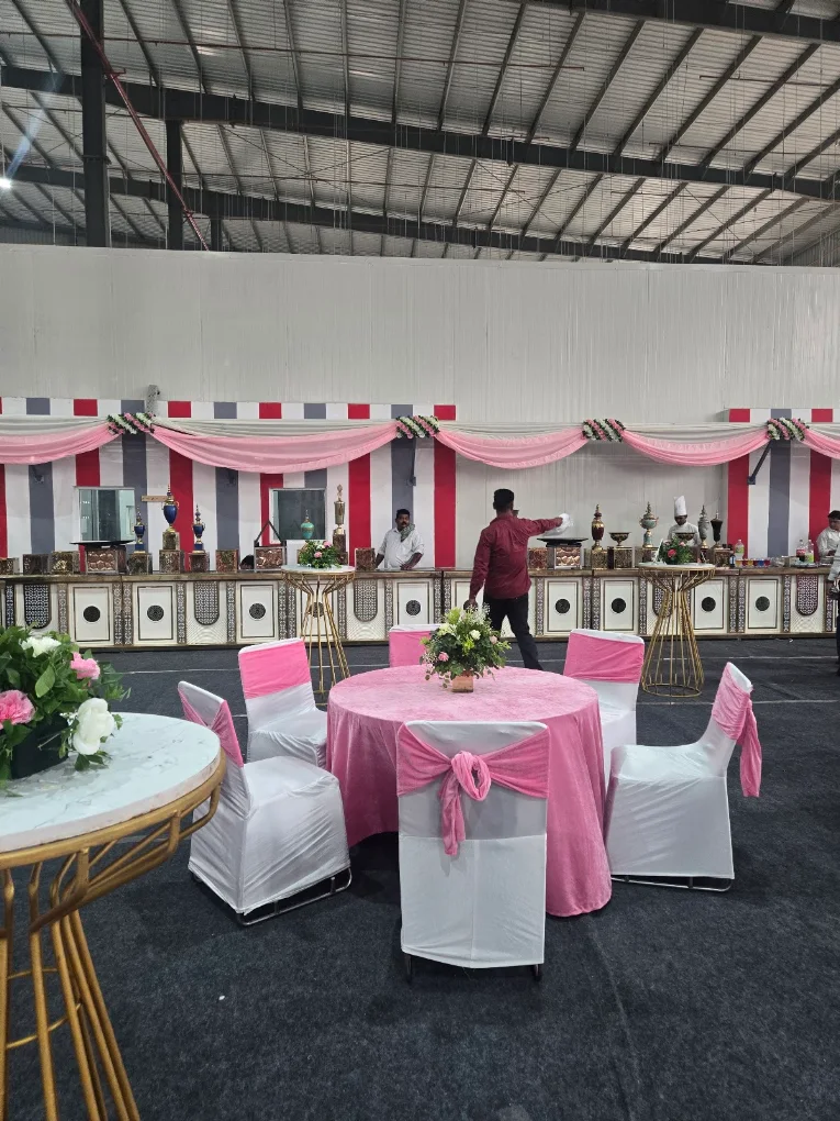 Pink themed banquet buffet and seating decoration